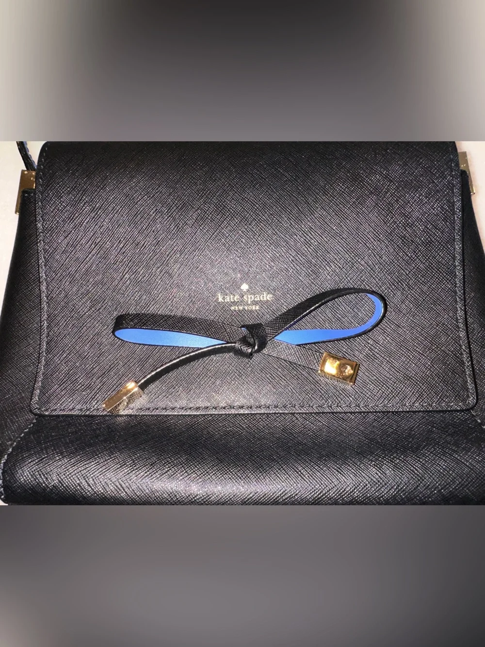 Kate Spade Bow Details Black Leather Crossbody with Blue Accents